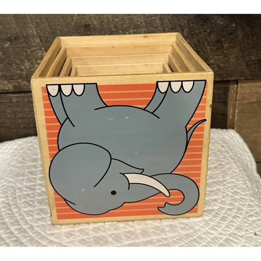 Vintage 7 Stacking TOY Wood BLOCKS‎ RETRO Box Animals 60s Era WHIMSY BABY